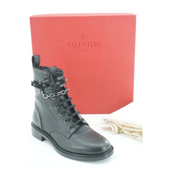 Valentino Rockstud Chain Combat Ankle Boots Size 37 black Leather $1290 - Picture 1 of 12